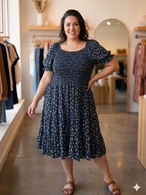 Angie Navy Mini Dress with Cream Floral Print